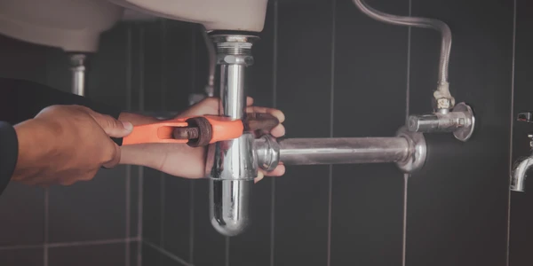 Un plombier de technicien utilise une clé pour réparer un tuyau d'eau sous l'évier