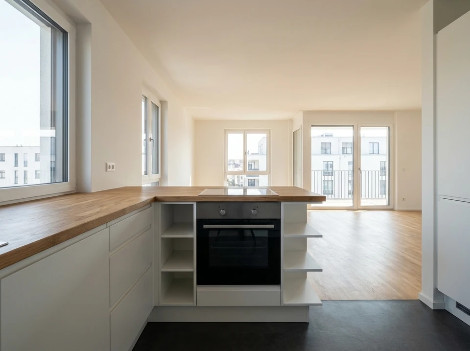 Artisan expérimenté en bâtiment observant et supervisant un chantier de rénovation intérieure d'appartement parisien. L'image montre l'artisan au centre, tenant des plans ou une tablette, entouré d'évidences visuelles de multiples corps de métier en cours : un mur en cours de peinture, du carrelage partiellement posé, des éléments de plomberie visibles. L'artisan porte une tenue professionnelle appropriée (pantalon et haut de travail). La scène transmet une maîtrise globale et une coordination de l'ensemble du projet.
