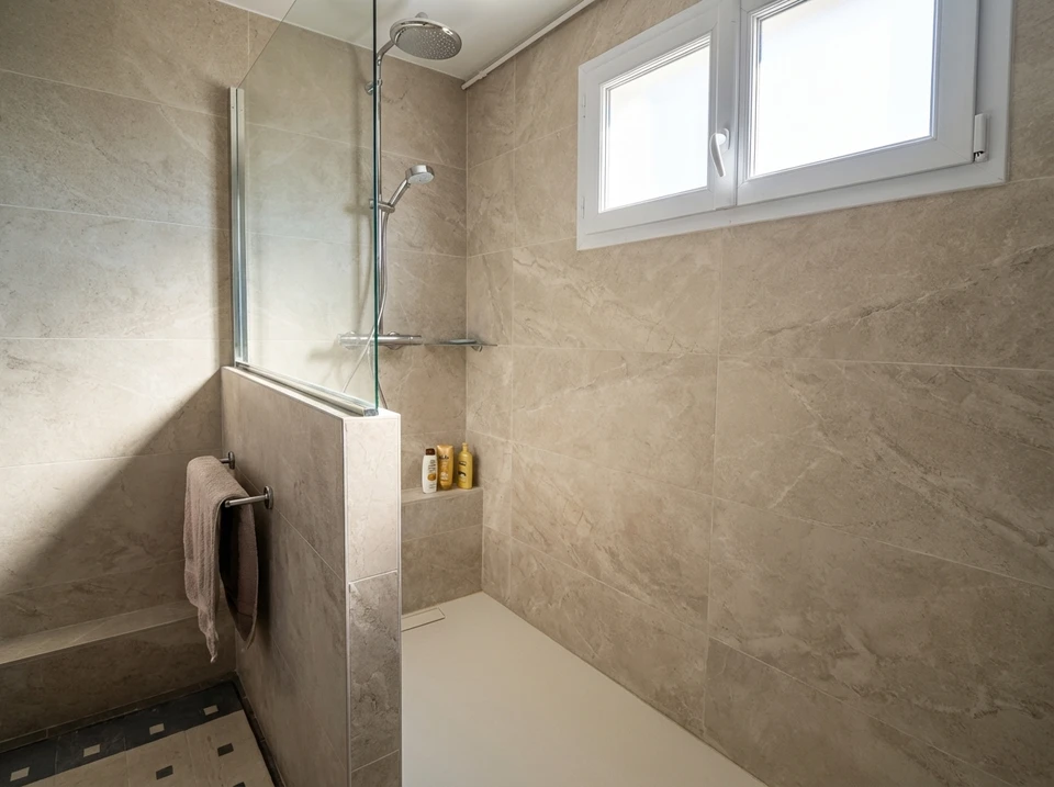 Intérieur de salle de bain moderne, armoire de salle de bain moderne, évier blanc, comptoir en bois, accessoires de salle de bain et douche, rendu 3D
